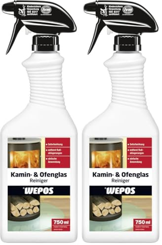 Wepos Kamin- & Ofenglas Reiniger 750ml | Gebrauchsfertig | Entfernt Ruß, Brennrückstände, Fett und Schmutz | für Kamin und Ofenglasscheiben (Packung mit 2)
