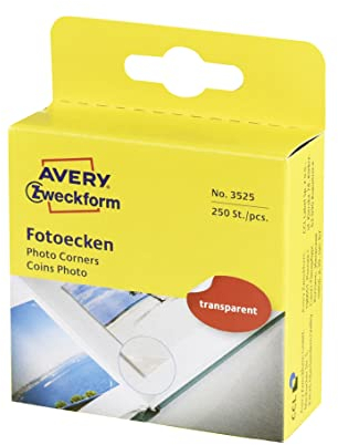 AVERY Zweckform 3525 Fotoecken selbstklebend 250 Stück (17x18mm, Foto Zubehör, Aufkleber für Scrapbooking, Fotoalbum, Bullet-Journal, Erinnerungsbuch, Bilder, im praktischen Spender) weiß/transparent