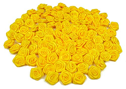 Rosen 15 mm x 20 Stück Satinrosen Aufnäher Deko Blumen Röschen zum Basteln Haarschmuck kleine Rosenköpfe Farbe: gelb 645