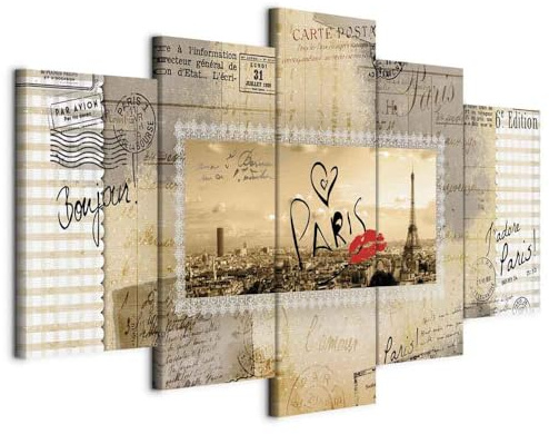 B&D XXL - Leinwandbild Eiffelturm City Stadt, 100x50 cm, 5-teilig, modern