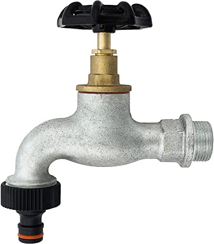 BFG Gartenhahn mit Schlauchkupplung, Eingang 3/4 BSP, Ausgang 1 BSP - Max. Druck 10 Bar, Betriebstemperatur 65°C, Gusseisenhahn mit Pilzventil, Schwarzer Handgriff
