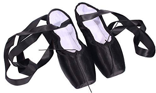 CYSTYLE Damen Mädchen Satin Spitzenschuhe Ballettschläppchen Ballettschuhe Tanzschuhe Ballett Trainings Schläppchen mit Silikonhülle (EU 39, Schwarz)