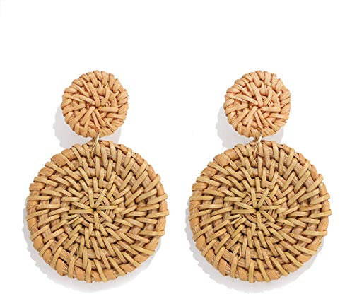 YINL womens Rattan Woven Hoop Earrings Handmade Straw Dangles Wicker Braid Drop Earrings Boho Statet Stud Earrings For A-rattan disc