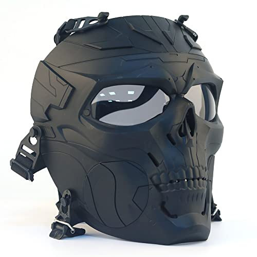 JEIMAI Taktische Airsoft Full Face Schädel Maske, justierbare Paintball Maske Full Face Schutzmasken mit PC Linse Brille für Cs BBS Spiel Halloween Cosplay