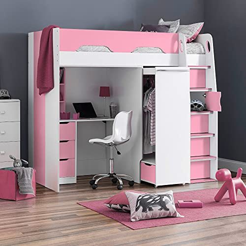 happybeds Pegasus and Pink and White Wooden High Sleeper Bed, 3ft Single | 3ft Single, Wooden Gaming High Sleeper Bed, Pocket Sprung Mattress Included, Pink, White, Cupboard, 4 Drawers, Gaming Design