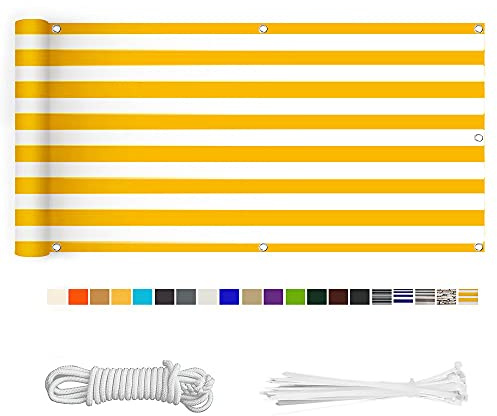 HERILIOS Balkon Sichtschutz, Balkonabdeckung 220 g/m² Innen Balkonverkleidung UV-Schutz (210Größen&21Farben) mit Ösen Kabelbinder und Kordel für Balkongeländer Terrasse,75X500CM Gelb-weiß gestreift
