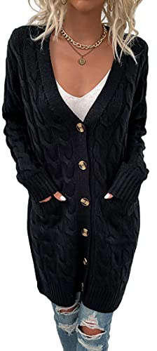 Acramy Damen Mantel Herbst Winter Strickjacke Lang Grobstrick Cardigan Strickmantel mit Knöpfen (L, Schwarz)