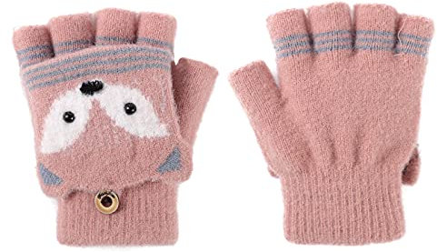 IPENNY Gants Demi-Doigts/Doigts Complets pour Enfants 2-6 ans Rose Taille S Laine Douillets et Confortables avec Motif Hibou et Rabat à Boutons