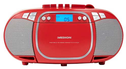 MEDION E66476 Stereo Sound System (Boombox, CD-Player, MP3, Kassette, tragbarer Kassettenspieler für Kinder, UKW Radio, AUX, Kopfhörer, Netz & Batterie) rot