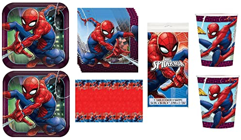 Lot de fournitures de fête Spiderman avec assiettes à déjeuner, serviettes, gobelets et nappe pour 16 personnes