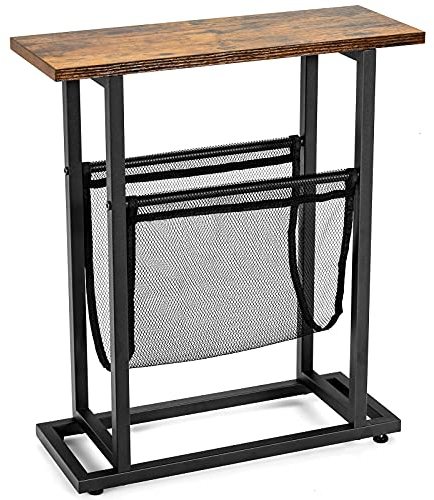 GIANTEX Beistelltisch Industrial Stil, Konsolentisch Flurtisch aus Holz, Kaffeetisch mit Zeitschriftenhalter, schmaler Sofatisch Couchtisch, Sidetisch mit Stautaum für Wohnzimmer (48 x 18 x 54,5 cm)