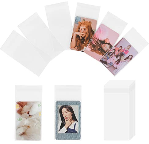 Baskiss 100 Packs Photocard Sleeves, 59 x 90 mm 200 Microns Kpop Clear Sleeves Idol Photo Cards Transparent Protector Trading Cards Shield Cover (Sealable)