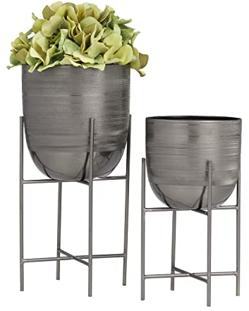 Deco 79 080978 Pot de Fleurs décoratif Moderne en métal pour intérieur et extérieur, pour Salon, Cuisine, Bureau, terrasse, entrée, Gris