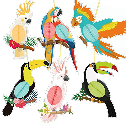 YiiiGoood Hawaii Papagei Deko 6 Stück Papier Vögel Tiki Bar Party Dekoration 3D Tropische Vogeldekoration Dschungel Luftschlangen Outdoor Luau Party Dekoration