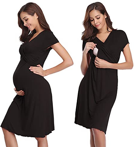 Irdcomps Women's Breastfeeding Nightdress Maternity Nightshirt Nursing Nightgown Soft V Neck Pajama Loungewear Tops Dress for Pregnant Casual Black