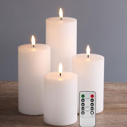 Eywamage 4 Pack White Flameless Pillar Candles with Remote, Flickering Tall LED Battery Wax Candles Φ 3 H 4 5 6 8