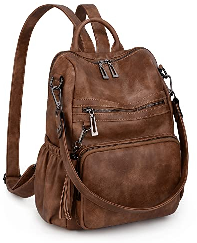UTO Damen Rucksack PU Leder Modischer Multifunktionsrucksack mit Quasten Design Lässige Schultertaschen vielen Kompartiment Reißverschluss Umhängetasche Rucksack Schule Schulrucksack Reise Gelbbraun