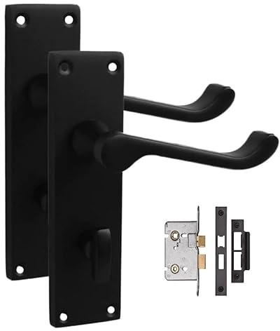 Golden Grace Victorian Scroll Bathroom Door Handles Set, Matt Black | Supplied with a 2.5-inch mortise lock, spindle, and screws; matt black metal with a 150mm x 40mm backplate.