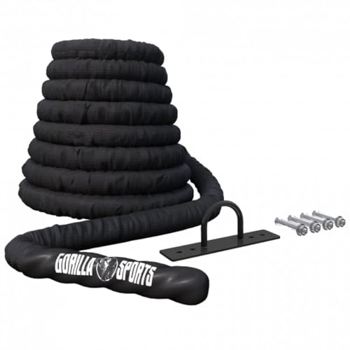 Gorilla Sports® Corda da Battaglia - 9m/12m/15m di Lunghezza, Diametro 38mm/50mm, Nylon, Antiscivolo, Nero - Battle Rope, Allenamento di Forza, Combattimento, Fitness, Palestra