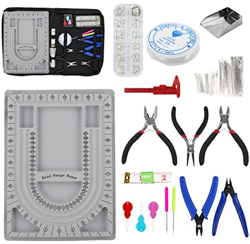 NIUPIKA Bead Board for Jewelry Making Bead Tray Beading Supplies Flocked Design Necklace Maker Bracelet Making Trays Measurement Board Handmade DIY Craft Tools Kit with Jewelry Pliers