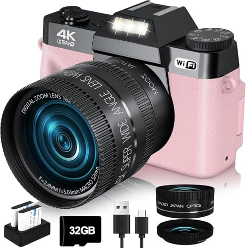 Fotocamera digitale VJIANGER 2024 per fotografia, 4K 56 MP, fotocamera Vlogging per YouTube con WiFi, schermo flip a 180 gradi, zoom digitale 16x, obiettivo 52 mm, 2 batterie, scheda TF da 32 GB