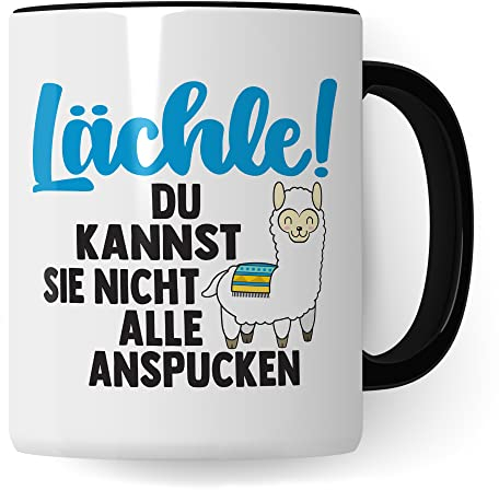 Tasse Lama Geschenk, Lächle! Du kannst sie nicht alle anspucken Geschenkidee Tasse mit Spruch lustig Kaffee-Becher Kaffeetasse Teetasse Humor Witz Witztasse Alpaka spucken (Weiß/Schwarz)