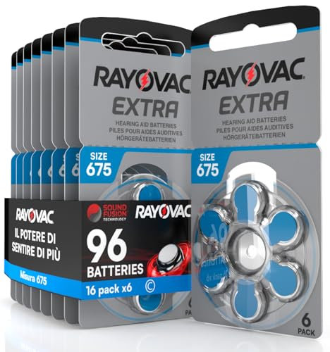 96 Batterie Per Apparecchi Acustici Rayovac Extra Advanced 675. 16 Blister da 6 Pile