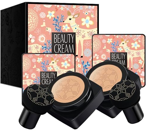 2PCS Mushroom Head Air Cushion Foundation CC Cream Water Feeling Flawless BB Cream Long-Lasting Moisturizing Oil Control, Lightweight & Smoothing Natural Concealer Makeup Gifts for Girl (Natural)