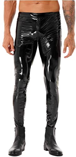 Jugaoge Herren Slim Fit Hose Lack Leder Optik Leggings Ouvert Pants mit Reiverschluss im Schritt Kunstlederhose Stretch Tights Disco Tanz Clubwear Schwarz XXL