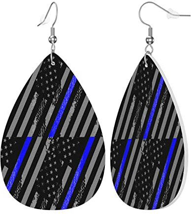 Lederohrringe Polizei Mit Dünner Blauer Linie Teardrop Leder Ohrringe Ornamente Baumeln Ohrringe 1 Paar Ohrringe Für Damen, Für Geburtstagsfeier, Frauen, Mädchen