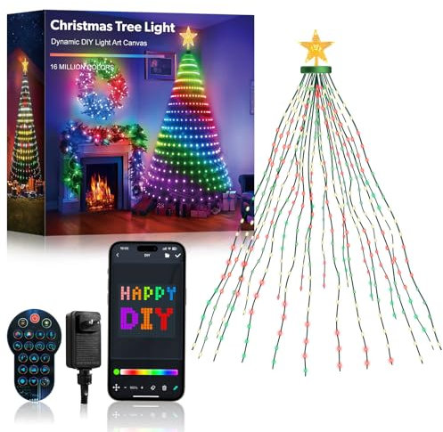 Super RGB Luces inteligentes para árbol de Navidad de 6 pies, 400 luces LED para decoración de árbol de bricolaje con anillo, control de aplicación con sincronización de música, temporizador, luces