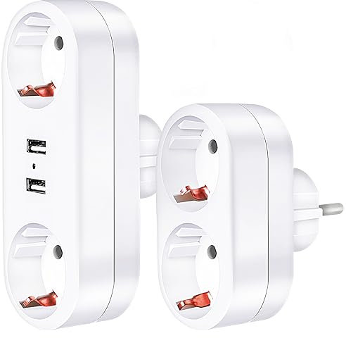 2 Piezas Ladron Enchufe Multiple, 4 en 1 Enchufe USB Pared y Enchufe Doble, 250V/16A 4000W Adaptador Portátil para Oficina Viaje Casa