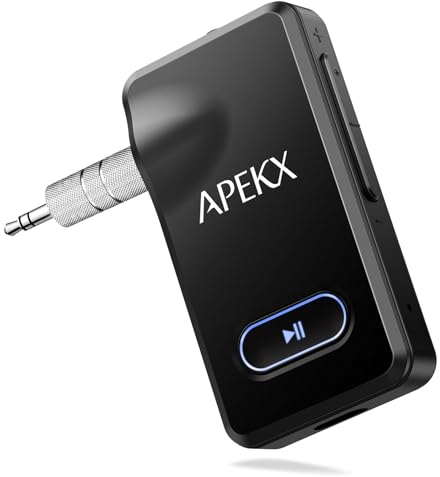 APEKX Adattatore Bluetooth per auto, ricevitore audio Hi-Fi wireless da 3.5mm Aux con 15 ore di durata della batteria, per stereo di casa, cuffie cablate e altoparlante (Nero)