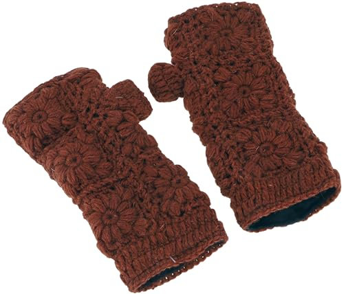 GURU SHOP Gehäkelte Handstulpen Blümchen, Armstulpen aus Schurwolle, Pulswärmer - Braun, Herren/Damen