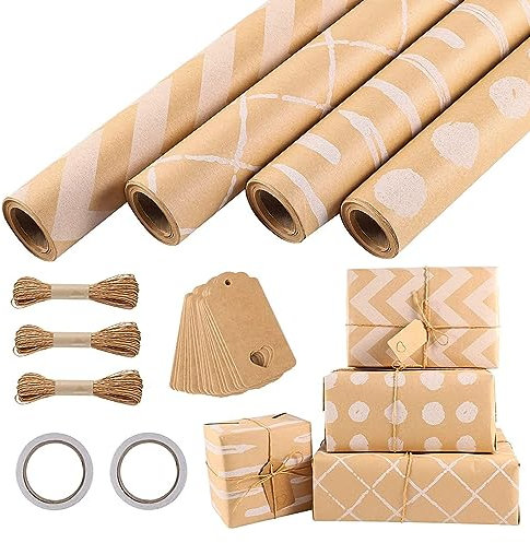 Geschenkpapier-Set, Geschenkpapierrollen mit Anhängern und Juteschnur, Gelbes Kraftpapier, Mehrzweck-Geschenkpapier für Geburtstags-, Hochzeitsgeschenk-DIY-Dekorationen