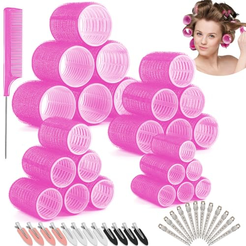 Aotfusd 49 Stück Lockenwickler Set, Locken Ohne Hitze, Große Lockenwickler Kleine DIY Selbsthaftend Hair Rollers mit 24 Stücke Haar Klammer für Lange Mittlere Kurze Salon 60/45 /36/25mm (Rosa)