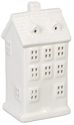 Relaxdays Teelichthaus Keramik, Leuchthäuschen für 1 Teelicht, H x B x T: 14,5 x 7 x 6 cm, Teelichthalter Haus, weiß