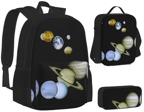 XIPEGKLD Planet Jupiter Print Schulranzen + Federmäppchen + Lunchtasche Kombination für Männer und Frauen, Schwarz , Einheitsgröße