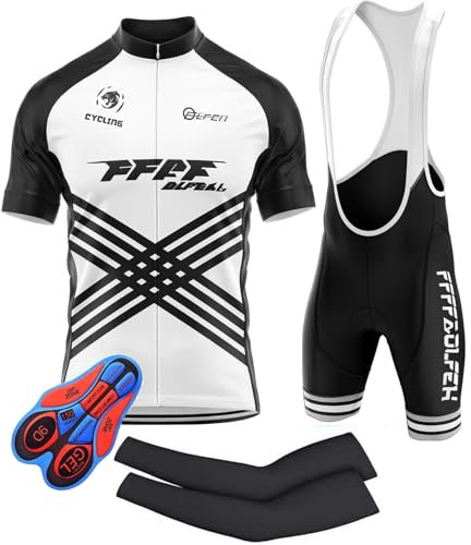 Herren Radtrikot Set Fahrrad Kurzarm Set mit 3 Taschen und Trägerhose Sommer Atmungsaktives Radsport-Set Gel-Pad für Radfahren MTB Jogging (T5,4XL)