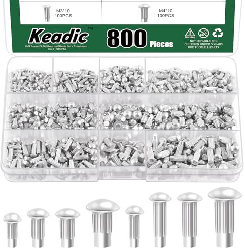 Keadic 800Pcs M2 M2.5 M3 M4 Aluminium Lötkolben Kopf solide Nieten Sortiment Set, 6mm 8mm 10mm solide Aluminium Nieten für die Reparatur von Booten Flugzeuge Automobile Maschinen