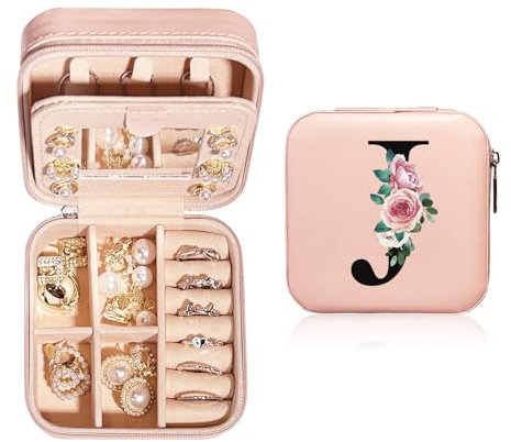 JEKUGOT Personalisierte Schmuckschatulle, Reise-Schmuckschatulle, tragbare kleine Schmuckschatulle, Schmuck-Reiseetui mit Spiegel, A-Z, Alphabet-Schmuckschatulle für Mädchen und Frauen,