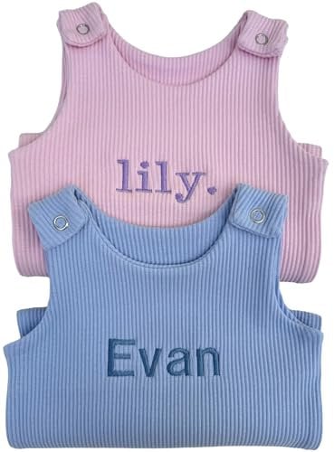 Soft Cotton Baby Dungarees, Personalised or Plain, Embroidered, Ideal BabyShower Gifts, Personalised Newborn Gifts, Baby Clothes, Boys Girls Romper (Personalised Powder Blue, 12-18 Months)