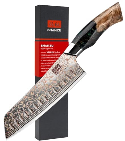 SHAN ZU Kupfer Damastmesser Santokumesser Kochmesser Handgeschmiedetes Japanisches Scharfe Messer, 33 Schichten Damaststahl Profi Damast Küchenmesser 18CM - VENUS Series