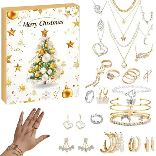 MOUNTTU Schmuck Adventskalender 2024,24 Tage Gold & Silber Schmuck Adventskalender Xmas Countdown Adventskalender umfasst Ohrringe, Halsketten und mehr
