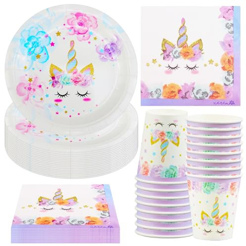 Hmfmdy Lot de 52 pièces de vaisselle de fête au motif de licorne, pour anniversaire, avec assiettes en carton, gobelets, serviettes, accessoires de table pour 16 invités
