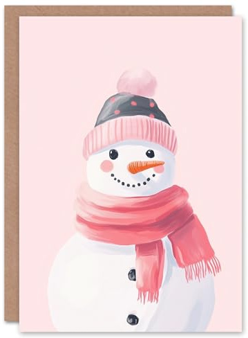 Wee Blue Coo Greeting Card Cute Cosy Snowman Pastel Pink Watercolour Blank For Him Or Her Art Xmas Christmas Card