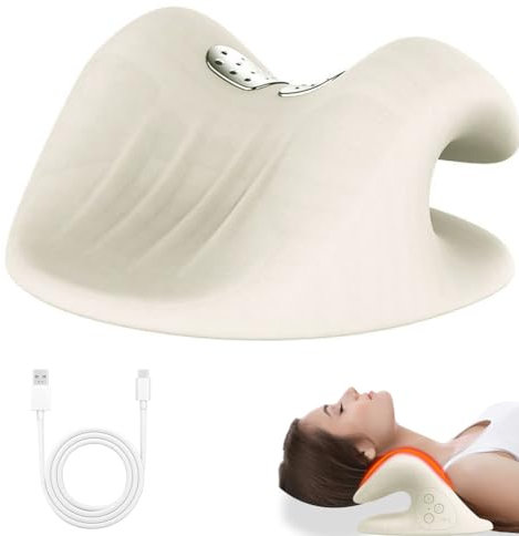 Nackenmassagegerät, 2-in-1 Kabelloses, EMS Nackenstrecker mit Wärme, Nacken- und Schulter-Entspanner mit C-förmigem Bogen-Design, 2 Zugwinkel, 3-Stufige Wärmeregulierung zur Nackenentspannung