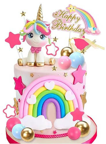 Unicorn Cake Topper, Unicorn Rainbow Cake Decorations with Rainbow Stars Unicorn Balls Happy Birthday Cake Decorations for Birthday Party Supplies