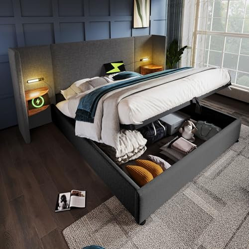 Dolamaní Polsterbett Doppelbett 180×200 mit Nachttisch, Leselampe und USB Type-C Ladefunktion, Bettanlage Stauraumbett Bettgestell mit Lattenrost aus Massivholz und Metall (Grau-Leinen)