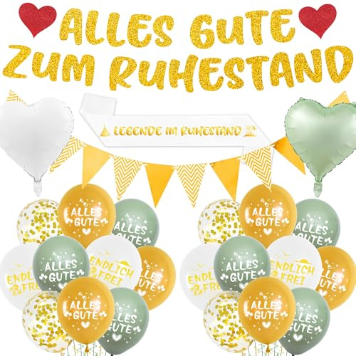 Rente Deko Set Renter Party Dekoration mit Alles Gute zum Ruhestand Banner Luftballons, Schärpe und Glitzer Wimpeln für Abschiedsfeier Renteneintritt Dekorationen (Grün Gold)